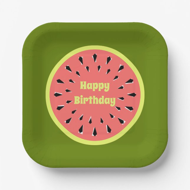 Watermelon Pink Happy Birthday Square Pappteller (Vorderseite)