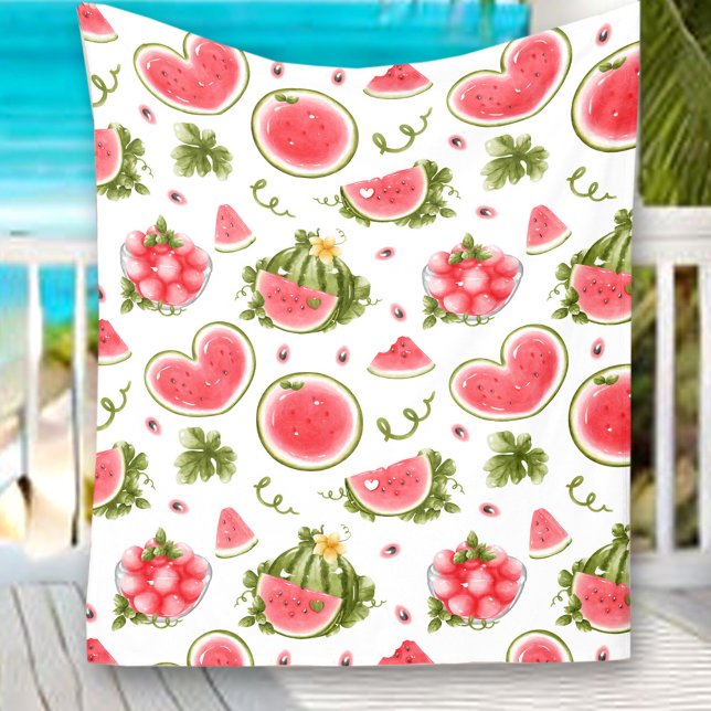 Watermelon Pink White Summer Picnic Fleecedecke (Watermelon Pink White Summer Picnic Fleece Blanket)