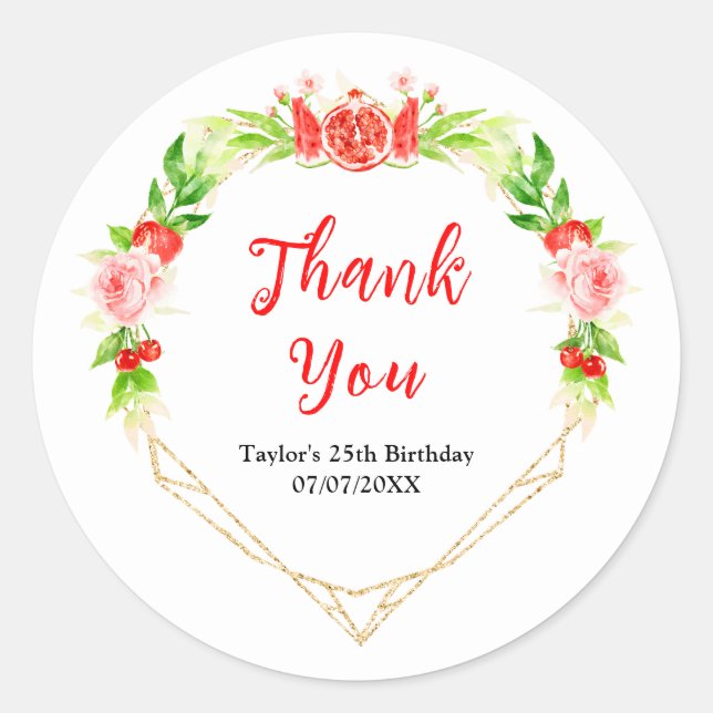 Watermelon Pomegranate Birthday Party Thank You Runder Aufkleber (Vorderseite)