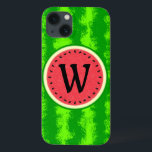 Watermelon Slice Sommer Frucht mit Rind Monogram iPhone 13 Hülle<br><div class="desc">This pretty watermelon monogram design has a round fruit that looks like it's been sliced, so the juicy pink-red flesh of the melon shows through, along with a circle of black watermelon seeds. The berry also has a speckled green, mottled rind pattern. Use the template to easily add your initial...</div>