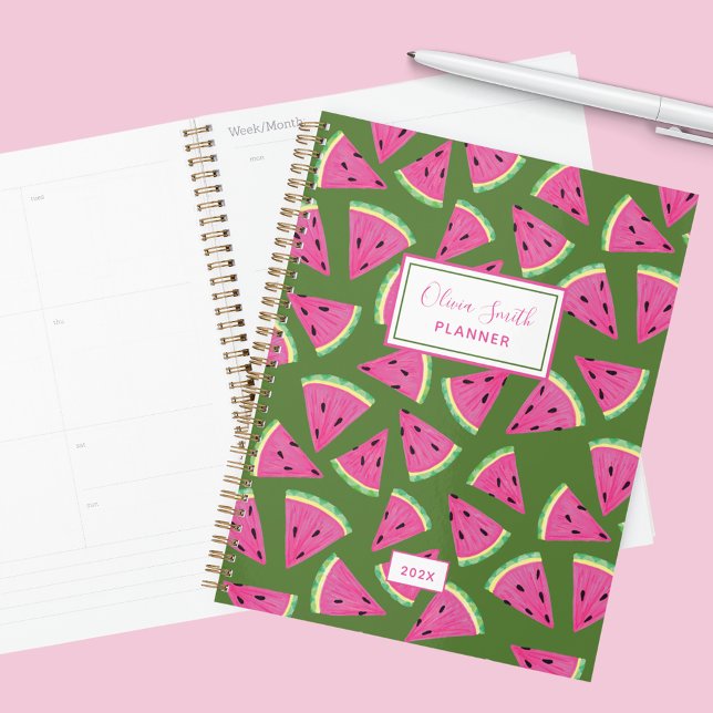 Watermelon Summer Fruit Muster Planer (Green and pink tropical fruit watermelon planner with custom text. Perfect for family organisation)