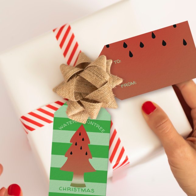 Watermelon Tree Weihnachten im Juli Grüner Streife Geschenkanhänger (🍉Christmas in July Gift Tags. Just add your text! 🍉)