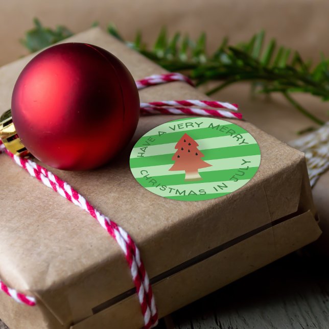 Watermelon Tree Weihnachten im Juli Grüner Streife Runder Aufkleber (Have a very merry Christmas in July (and the one in December too))