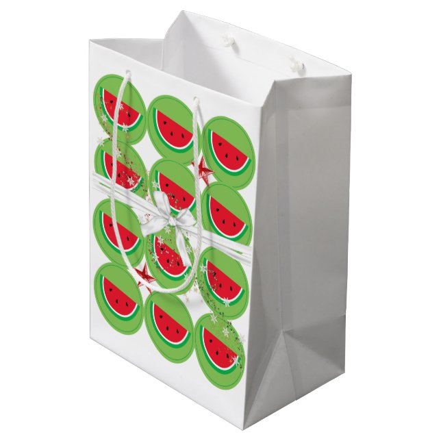 Watermelon White Bow Weihnachtsgeschenktaschen Mittlere Geschenktüte (Rückseite Schrägansicht)