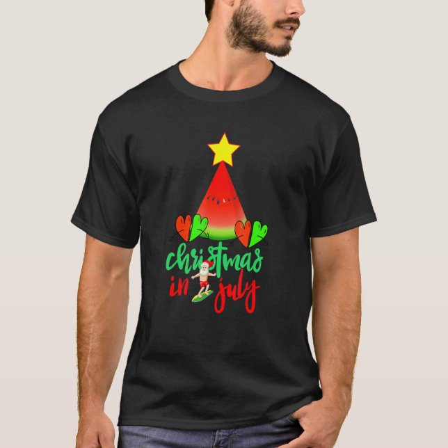 Watermelon Xmas Tree Santa Surfing Sommer Weihnach T-Shirt (Vorderseite)