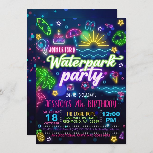Waterpark Geburtstagsparty Einladung (Vorne/Hinten)