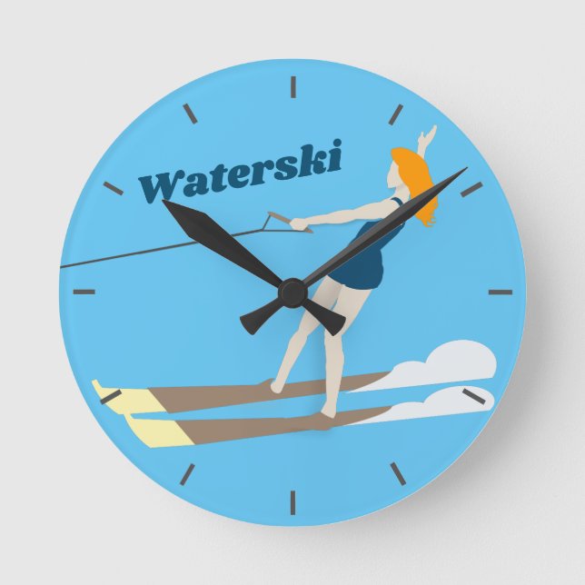 Waterski im Vintagen Stil Runde Wanduhr (Vorderseite)