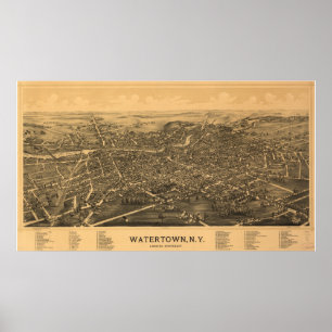 Watertown New York 1891 Antique Panoramabalkarte Poster