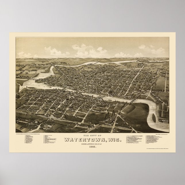Watertown, WI Panorama Karte - 1885 Poster (Vorne)