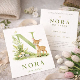 Waterverf Hert Monogram N Geboortekaartje Karte