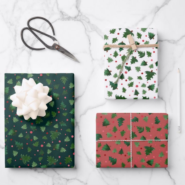 Waterverf Kerstbomen Geschenkpapier Set (Vorderseite)