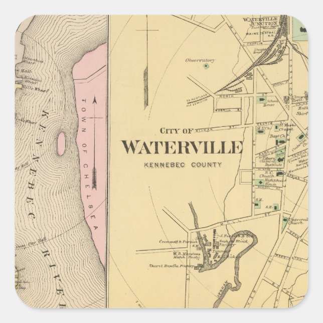 Waterville, Kennebec Co Quadratischer Aufkleber (Vorderseite)