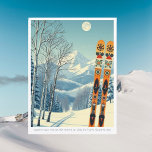 Waterville Valley New Hampshire ski area Postcard Postkarte<br><div class="desc">Hello from the snowy mountains of Waterville Valley,  New Hampshire! We hope you're having a wonderful ski vacation. This postcard features a gorgeous blue-grey mountain landscape with retro ski boards in an orange tribal pattern.
All the text phrases can be customized to suit you!</div>