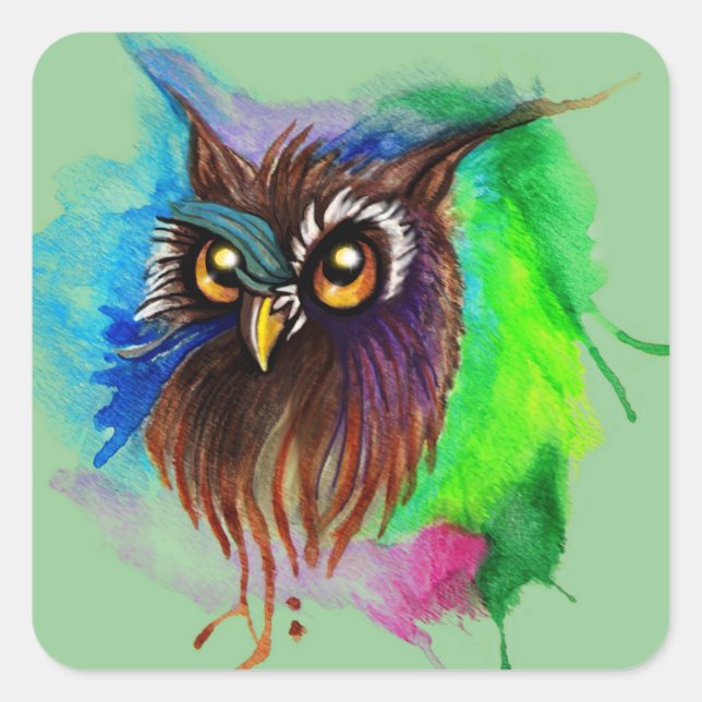 Watery Wood Owl Quadratischer Aufkleber (Vorderseite)