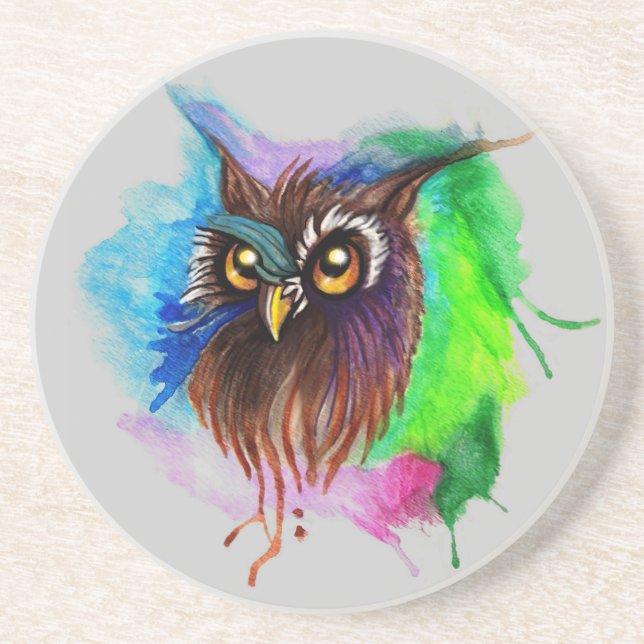Watery Wood Owl Sandstein Untersetzer (Vorne)
