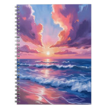 Wattewolken-Strand-Sonnenuntergang-Ozean-Aquarell