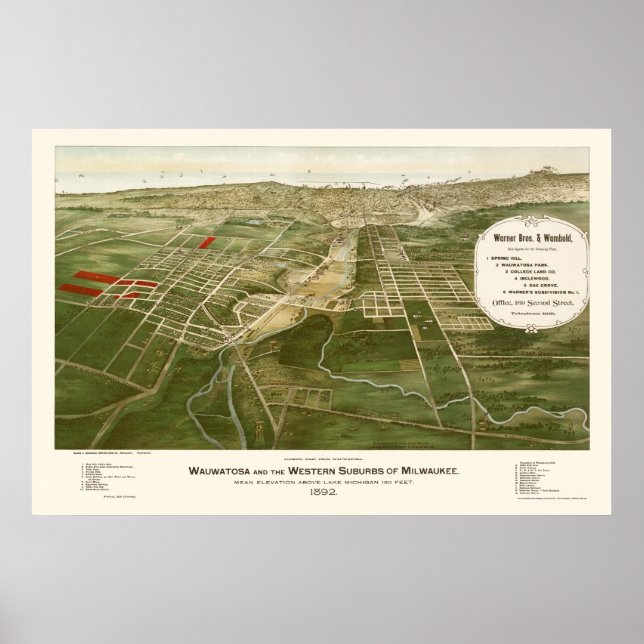 Wauwatosa, WI Panorama Karte - 1892 Poster (Vorne)
