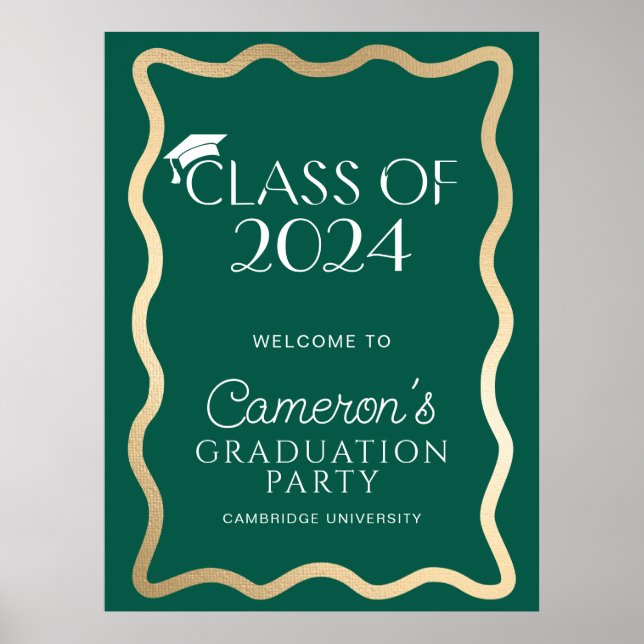 Wave Dark Green Gold Graduation Party Willkommen Poster (Vorne)