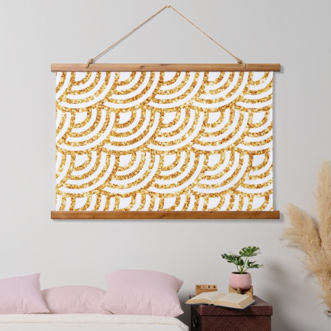 Wave Gold Sun Glitzer Boho Popular Collection Wandteppich Mit Holzrahmen (Schlafzimmer)