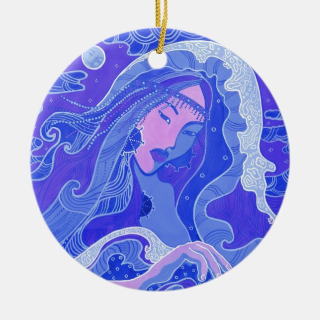 Wave, Mermaid, Asian Girl, blue & pink Keramikornament (Vorne)