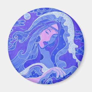 Wave, Mermaid, Fantasy Art Asian Girl, Blue & Pink Magnet