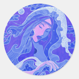 Wave, Mermaid, Fantasy Art Asian Girl, Blue & Pink Runder Aufkleber