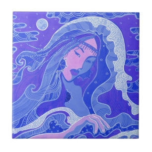 Wave, Mermaid Fantasy Surreal Asian Girl Blue Pink Fliese