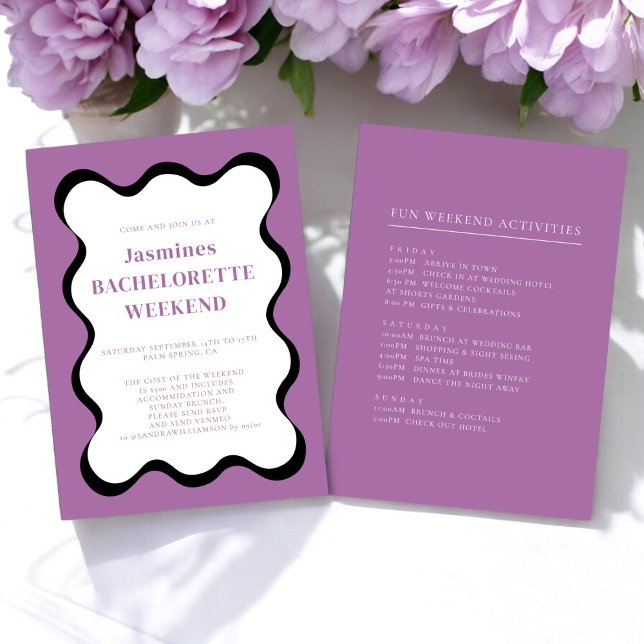 wave modern fun bachelorette Einladung (purple and black wave retro bachelorette weekend invitation )