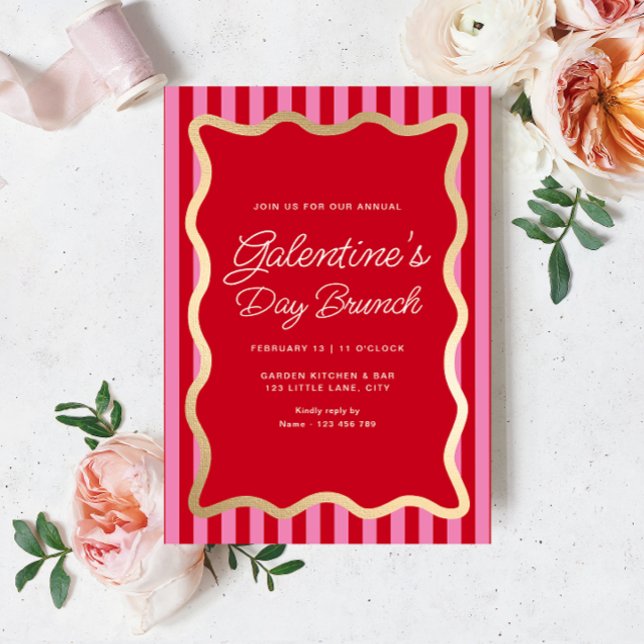 Wave Red Pink Stripe Galentine's Day Brunch Einladung (Galentines Brunch Invitation Hot Pink Stripe)