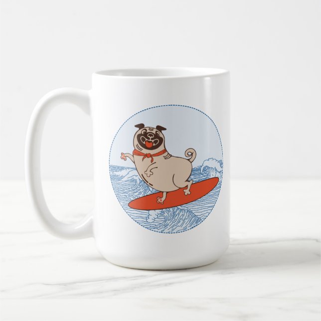 Wave reitet Hund auf Surfbrett Kaffee mu Mops Kaffeetasse (Links)