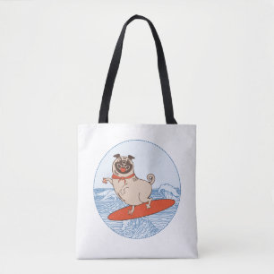 Wave reitet Hund auf Surfbrett mit Happy Mops