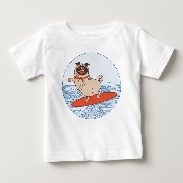 Wave reitet Hund auf Surfbrett mit Happy Mops Baby T-shirt (Vorderseite)
