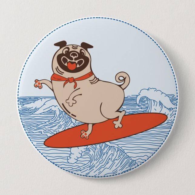 Wave reitet Hund auf Surfbrett mit Happy Mops Button (Vorderseite)