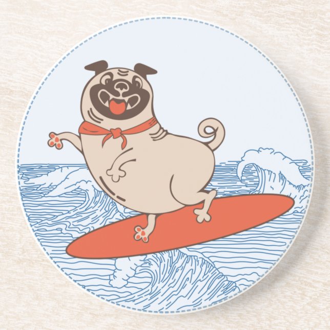 Wave reitet Hund auf Surfbrett mit Happy Mops Getränkeuntersetzer (Vorne)
