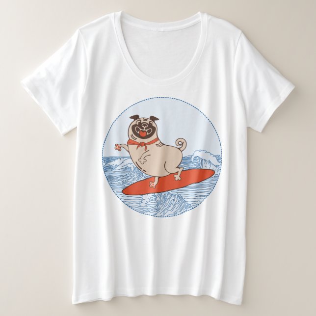 Wave reitet Hund auf Surfbrett mit Happy Mops Große Größe T-Shirt (Design vorne)