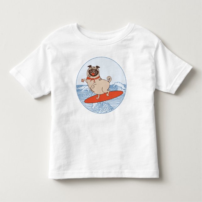 Wave reitet Hund auf Surfbrett mit Happy Mops Kleinkind T-shirt (Vorderseite)