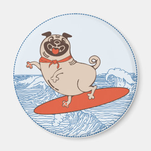 Wave reitet Hund auf Surfbrett mit Happy Mops Magnet