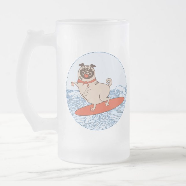 Wave reitet Hund auf Surfbrett mit Happy Mops Mattglas Bierglas (Links)