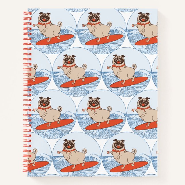 Wave reitet Hund auf Surfbrett mit Happy Mops Notizbuch (Vorderseite)