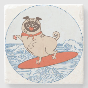 Wave reitet Hund auf Surfbrett mit Happy Mops Steinuntersetzer