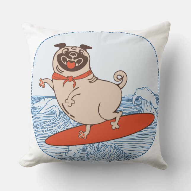 Wave reitet Hund auf Surfbrettern Mops Kissen (Vorderseite)