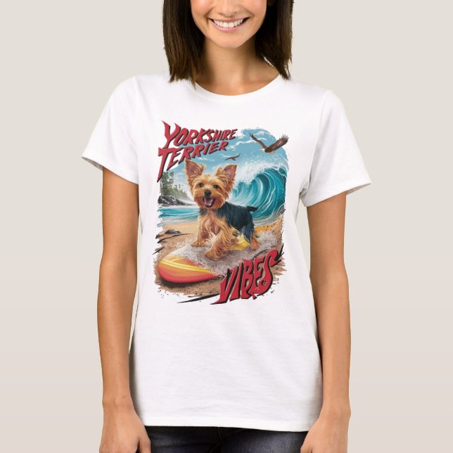 Wave Rider Yorkshire Terrier Surfbrett T-Shirt (Vorderseite)