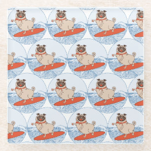 Wave riding happy pug dog on surfboard scarf band glasuntersetzer