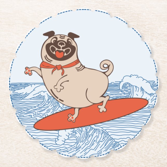 Wave riding happy pug dog on surfboard  untersetzer (Vorderseite)