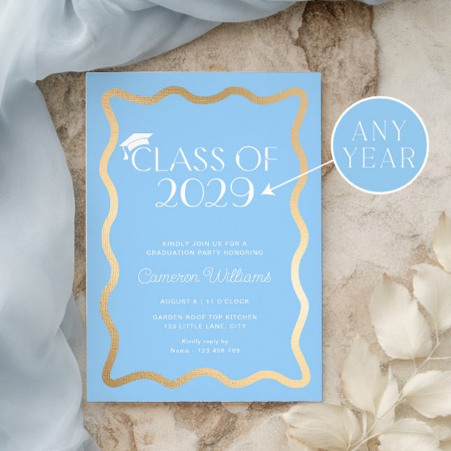 Wave Sky Blue Gold Graduation Party Einladung (Von Creator hochgeladen)