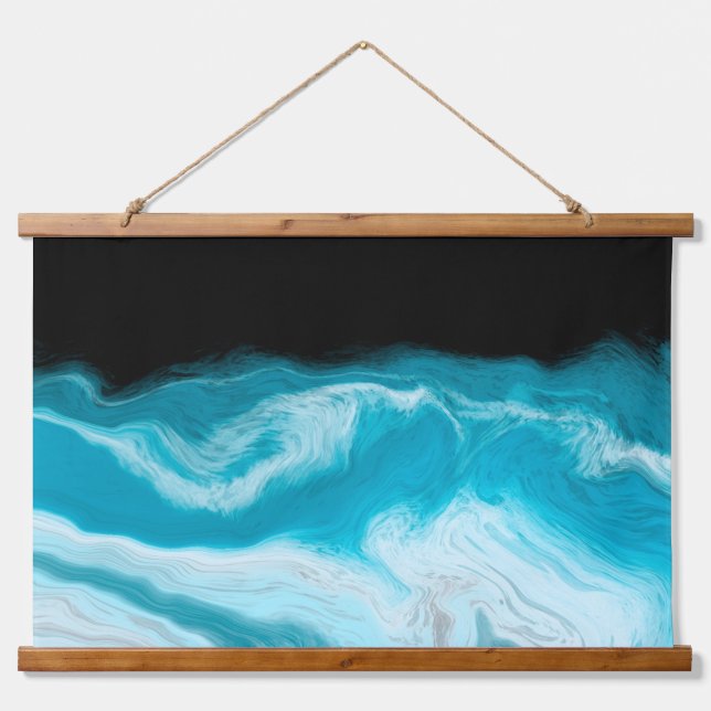 Waves aus blau-weißem Marmor Wandteppich Mit Holzrahmen (Vorne)