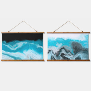 Waves aus blau-weißem Marmor Wandteppich Mit Holzrahmen