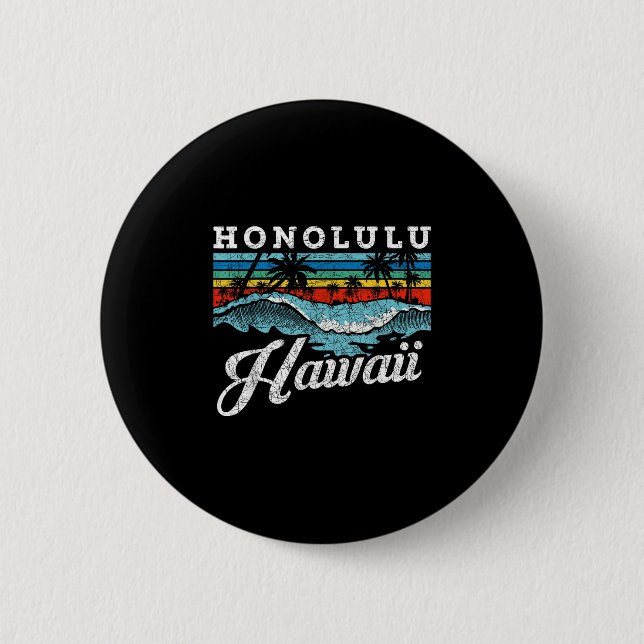 Waves Beach Honolulu Hawaiian Summer Surfbrett Ret Button (Vorderseite)