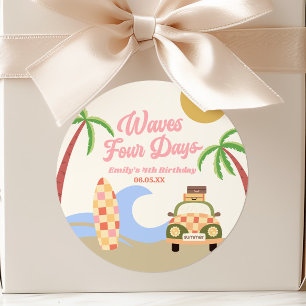 Waves Four Days Surf Board Pink 4. Geburtstagsfeie Runder Aufkleber