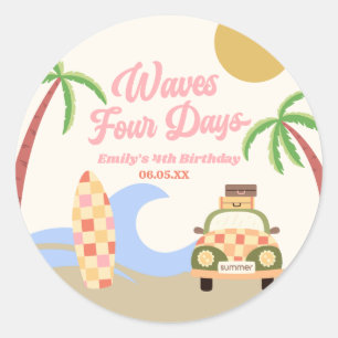 Waves Four Days Surf Board Pink 4. Geburtstagsfeie Runder Aufkleber